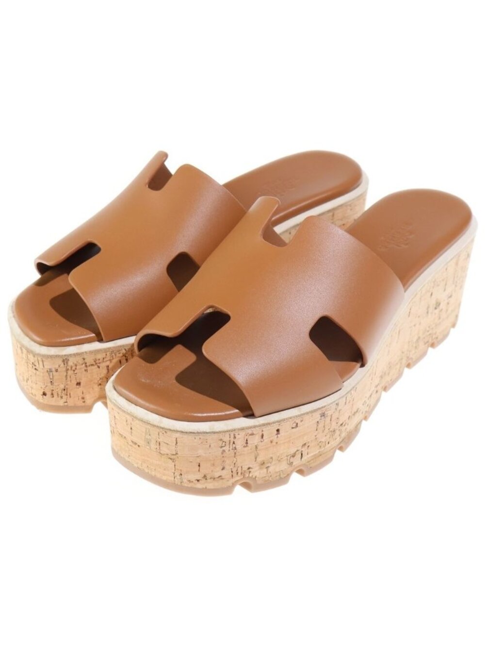 Hermes Ezu H Logo Leather Cork Wedge Sole Thick Sandals Shoes Brown